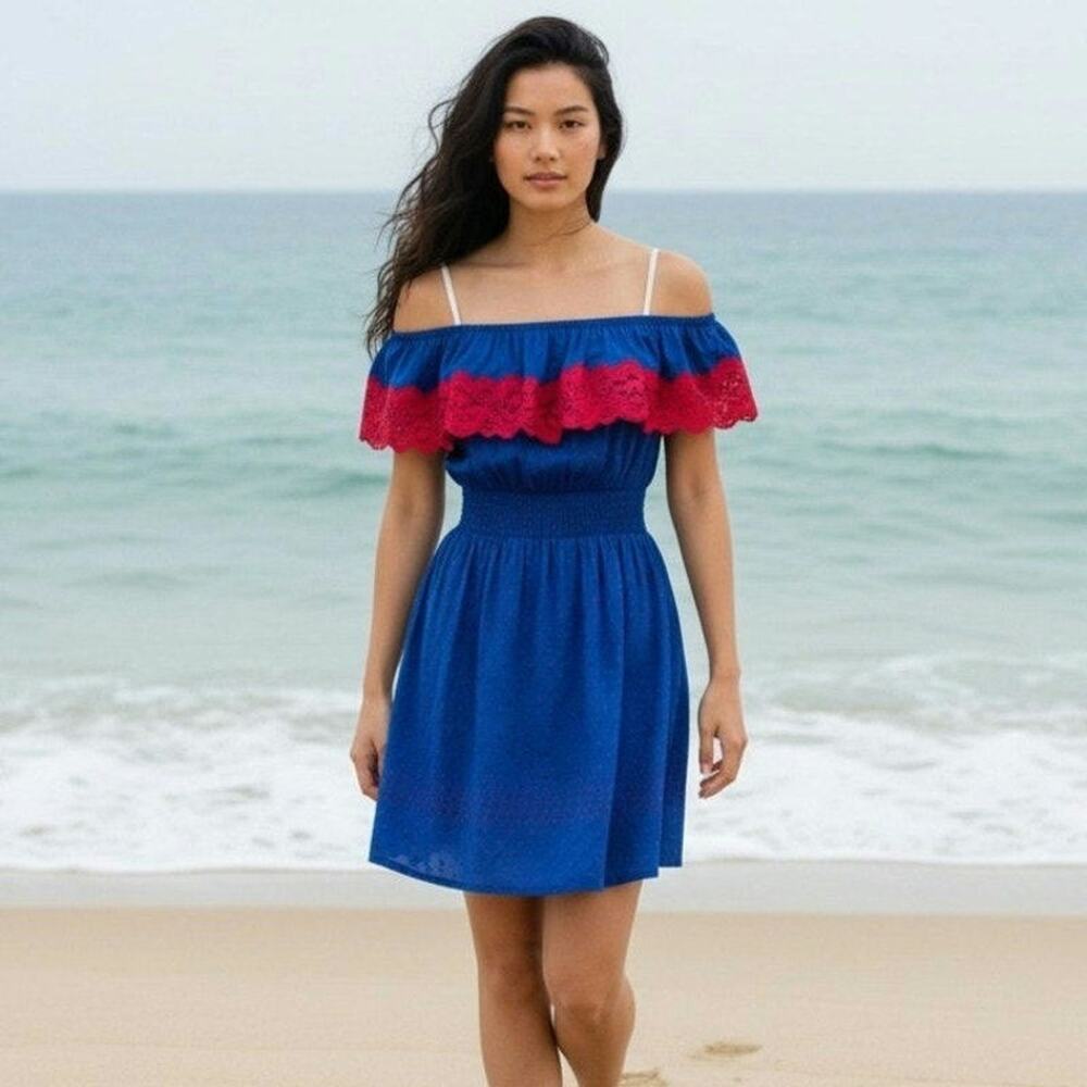 Lilly Pulitzer 'Kalama' Blue Off-The-Shoulder Ruffle Neckline Dress Sz Medium